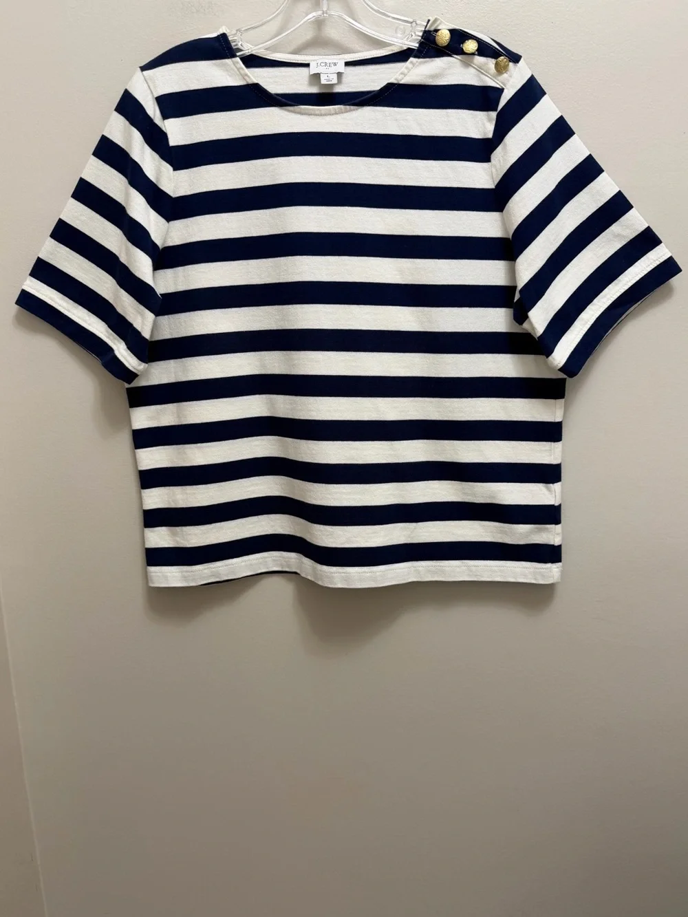 J. Crew Factory Striped Short Sleeve Top Gold Buttons Cotton Navy Blue Size L